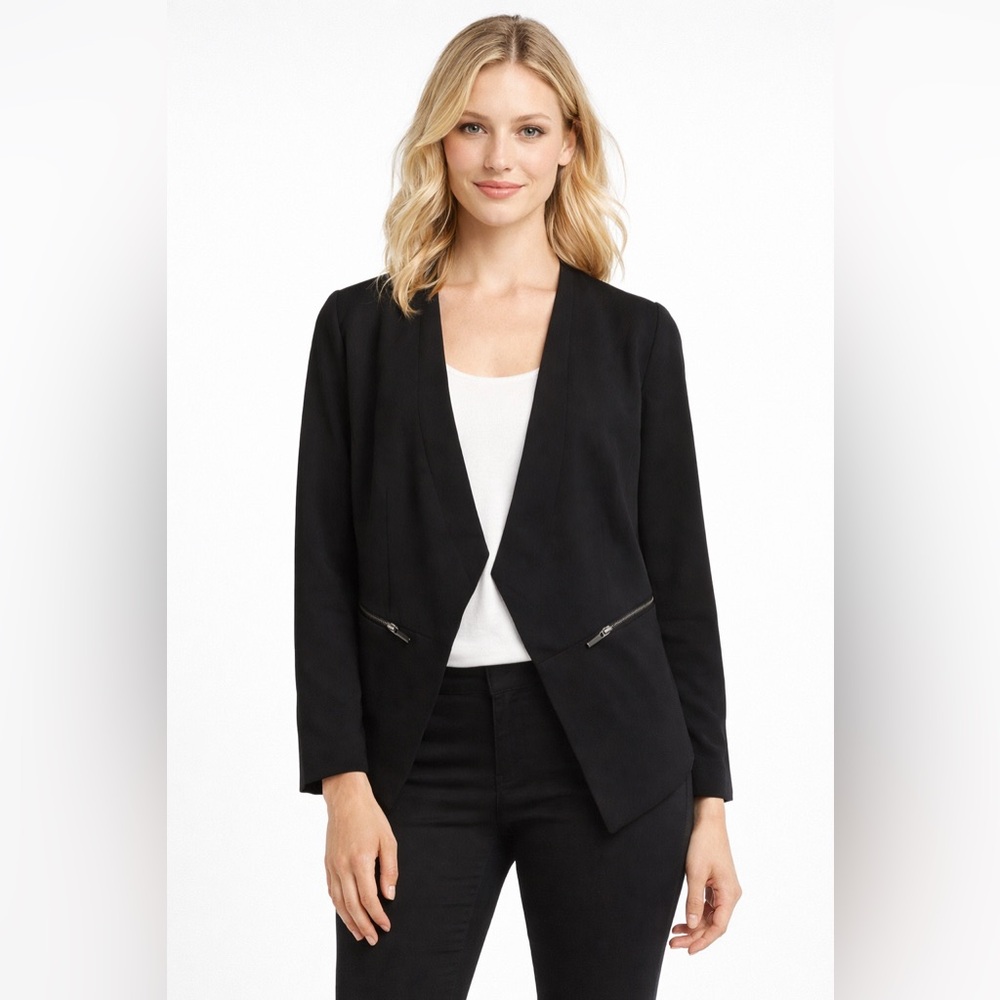 Apt. 9 Black Open Front Blazer Jacket Women’s Zip Pocket Lightweight Career Chic